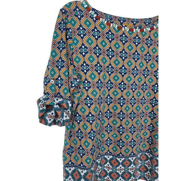 Ruby Rd Top L Womens Multicolor Crew Neck 1/2 Roll Tab Sleeve Geometric Pullover - Picture 2 of 9